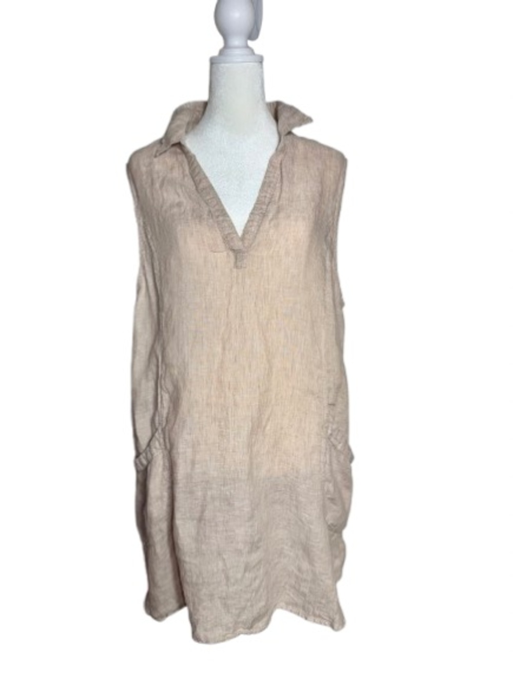 Sigrid Olsen Sleeveless Linen Collared V-Neck Tunic Tan Top